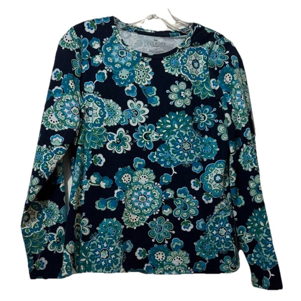 Talbots Petites Blooming Floral Long Sleeve T-Shirt Size Sp Petite S Blue Green